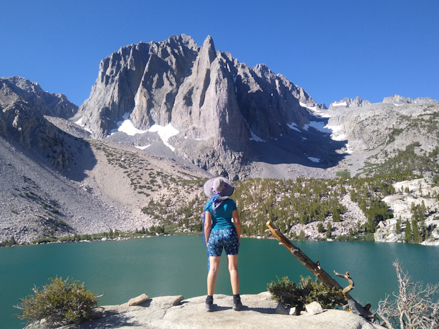 Vicki posing like an Instagram Girl at Second Lake with Temple Crag in the background on the North Fork Big Pine Creek Trail